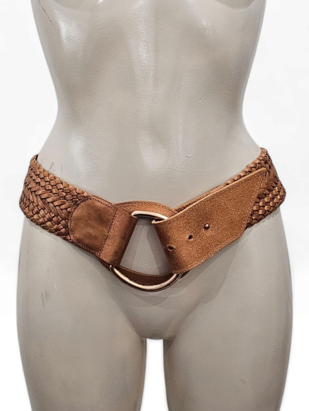LINEA PELLE Women L Metallic Bronze Gold 2.5" Wide Woven Braided Leather Belt